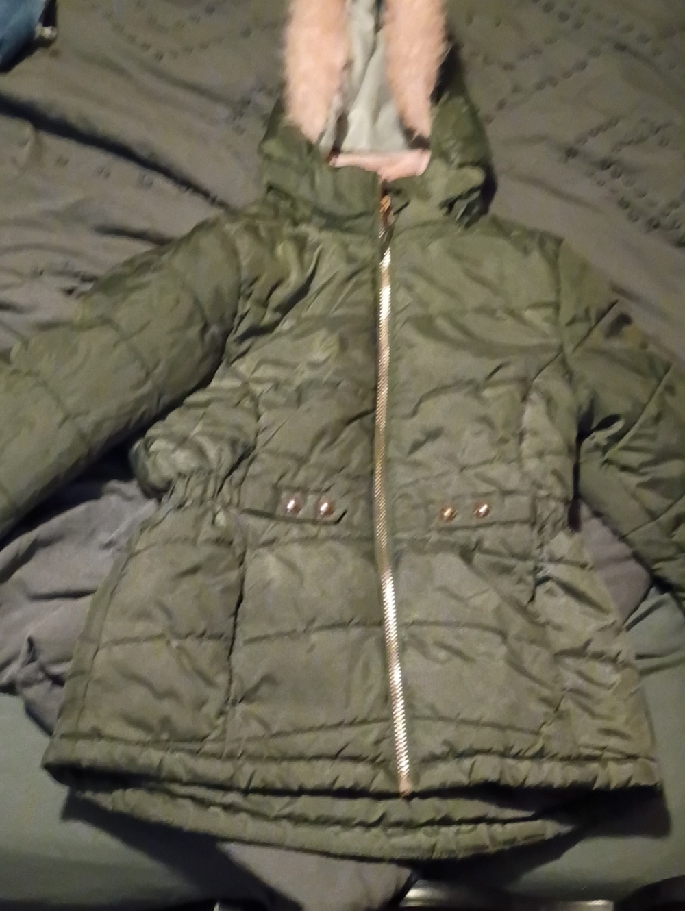 Free Country Olive Green Hooded Puffer with Pink Faux Fur Trim